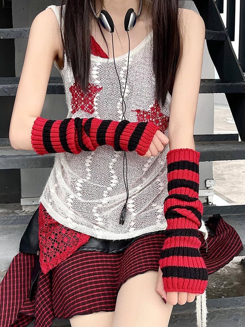 Sumleno Y2k Striped Arm Warmers Long Fingerless Knitted Gloves Punk Gothic Alt Emo Scene Cool Winter Arm Sleeves Grunge Accessories - Image 5